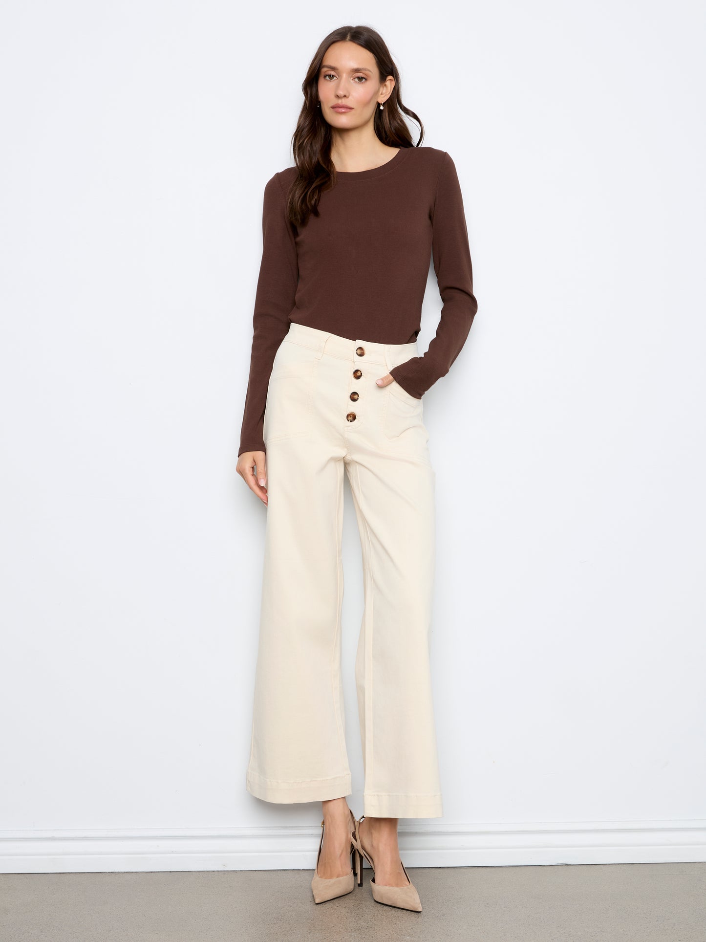 Wide Leg Button Front Patch Pocket Pants by Charlie B in Natural