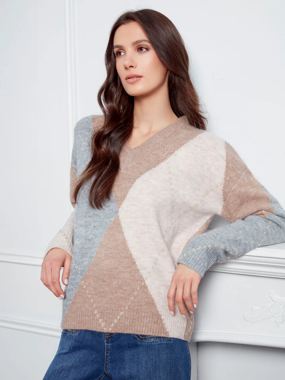 V-Neck Argyle Jacquard Sweater by Charlie B in Sesame