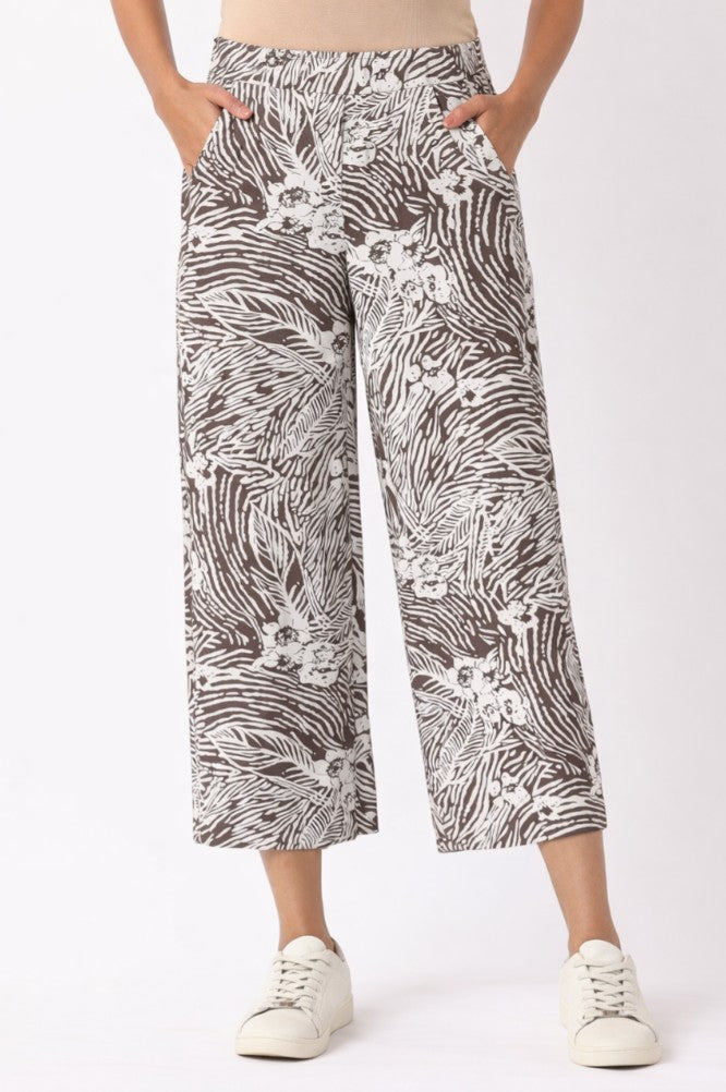 Wide Leg Rayon Pant by Dash Clothing in Taupe Flowers and Leaves