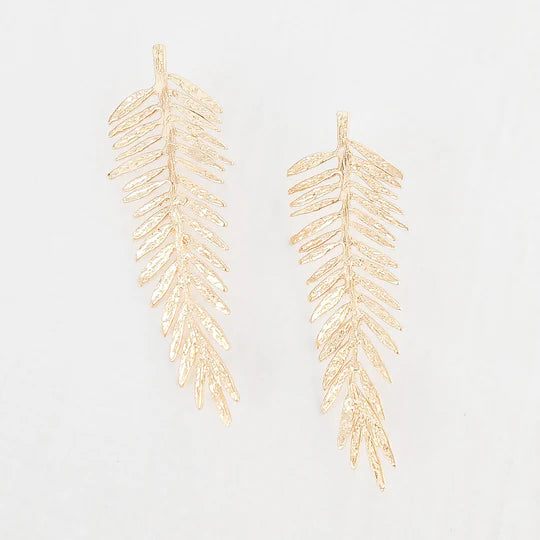 Dahlia Luxe Flat Long Palm Leaf Earring by Virtue Jewelry Design