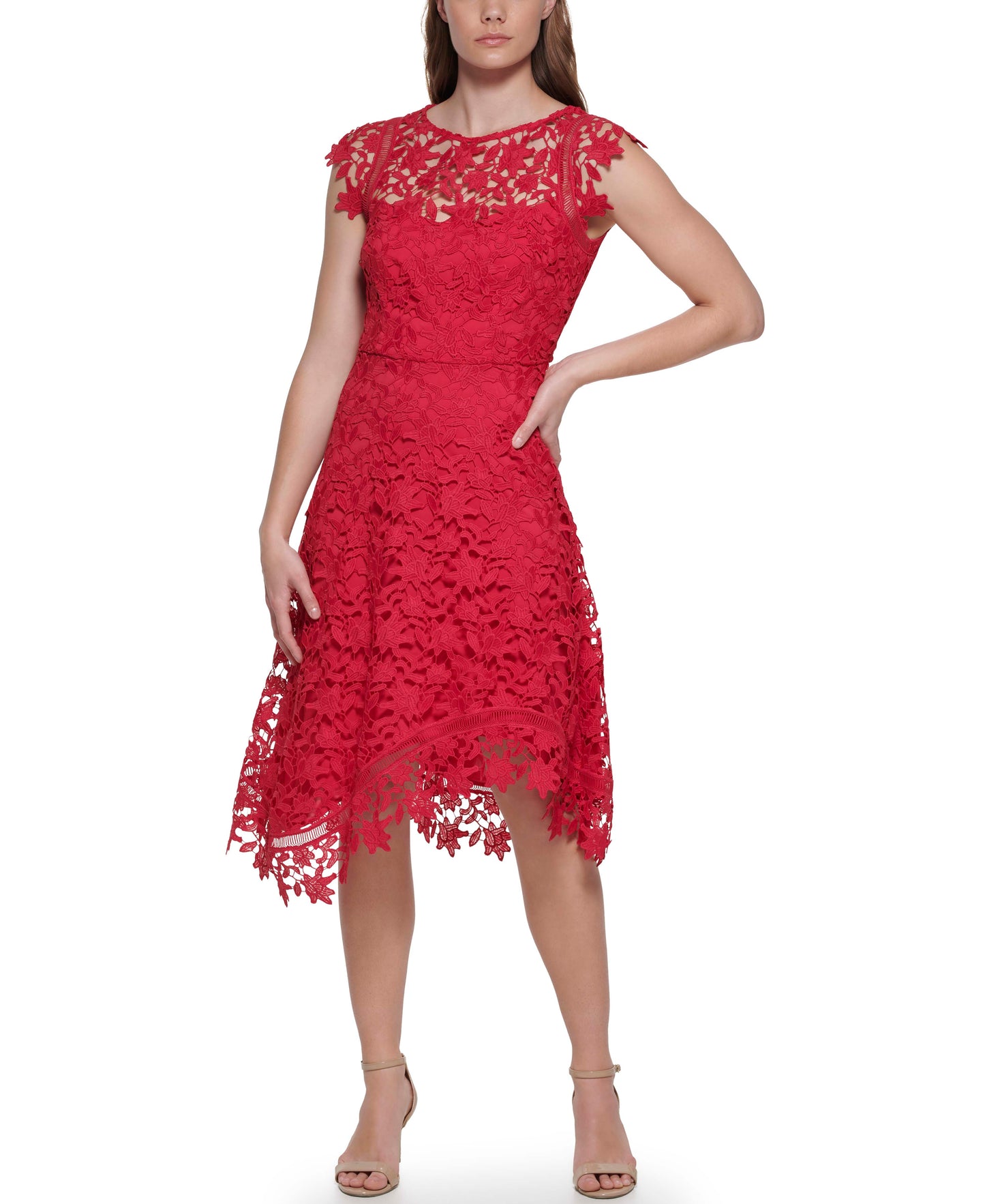 Sleeveless Lace Fit and Flare Dress by Eliza J in Fuchsia