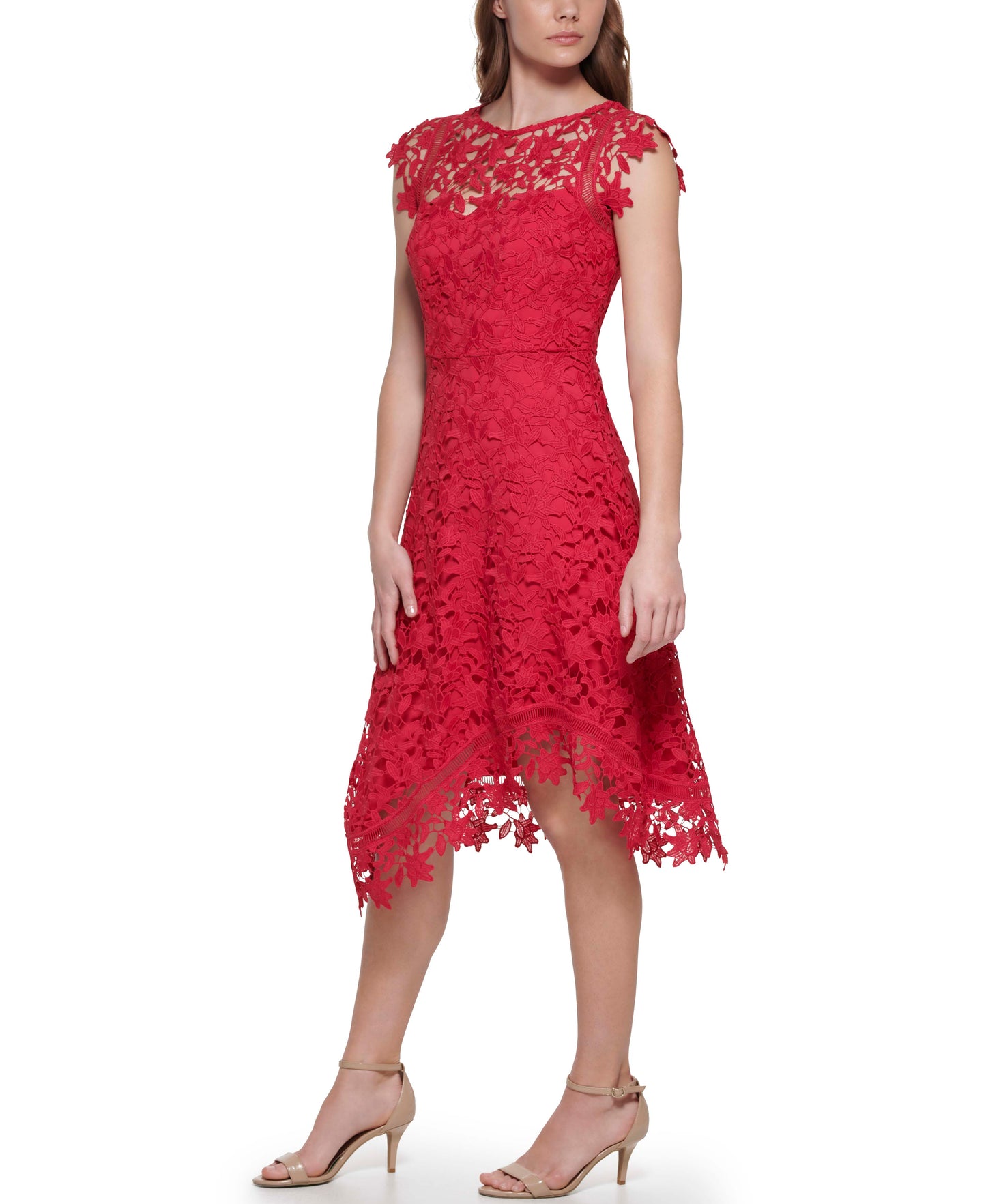 Sleeveless Lace Fit and Flare Dress by Eliza J in Fuchsia