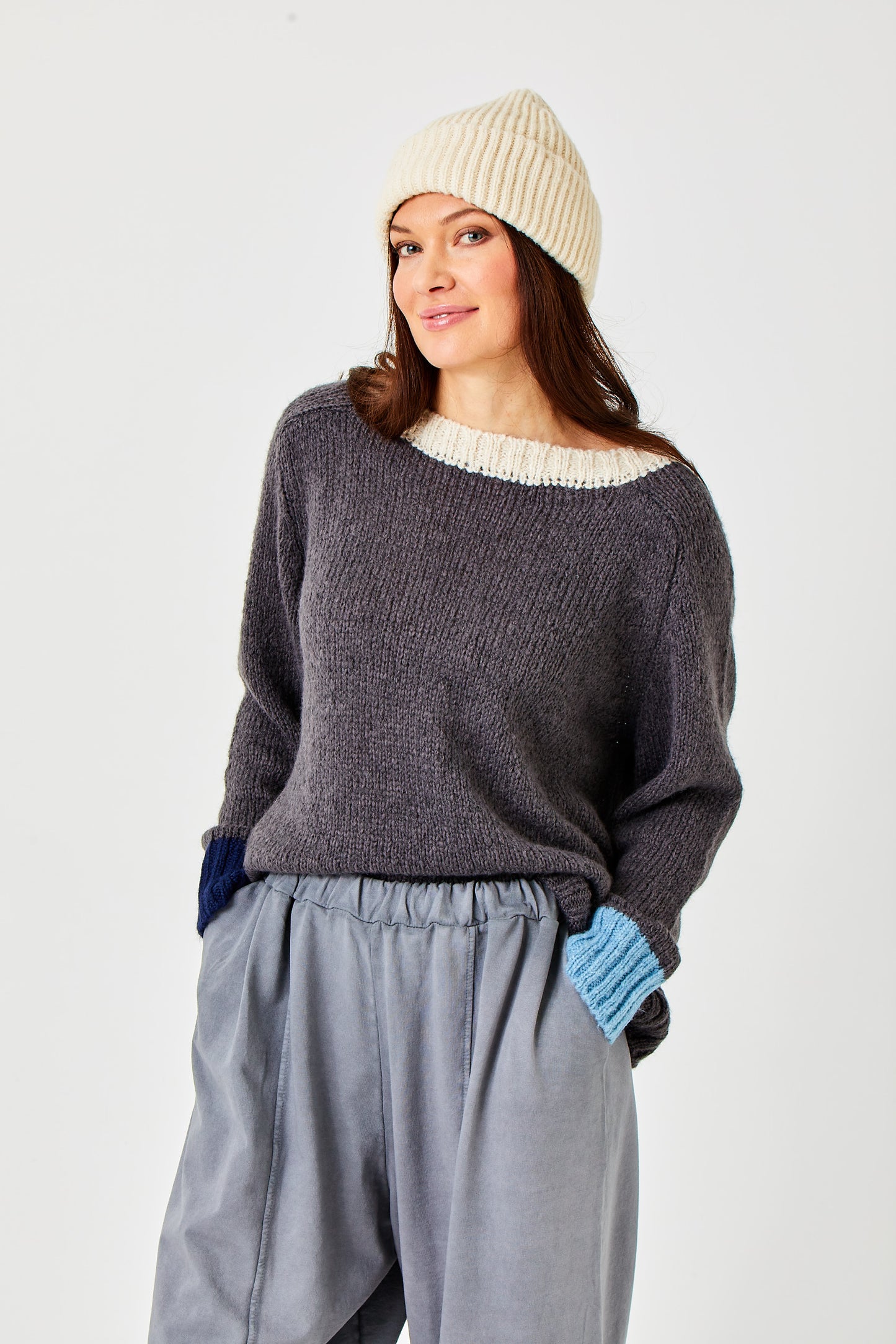 Farris Contrast Trim Soft Knit Sweater by Suzy D London in Grey Contrast