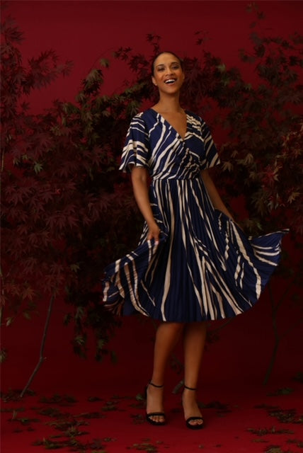 V-Neck Short Sleeve Midi Dress by Donna Morgan in Royal Navy Blue