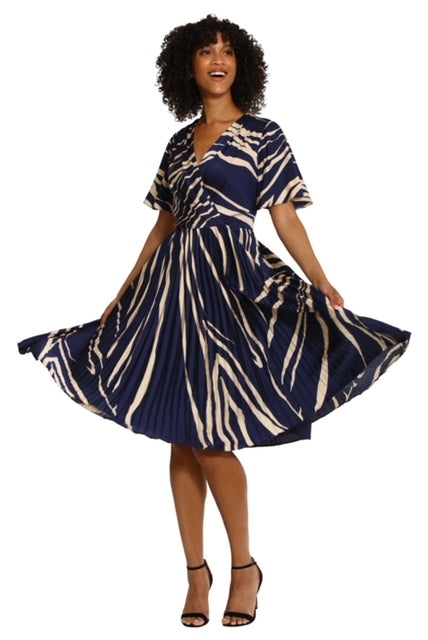V-Neck Short Sleeve Midi Dress by Donna Morgan in Royal Navy Blue
