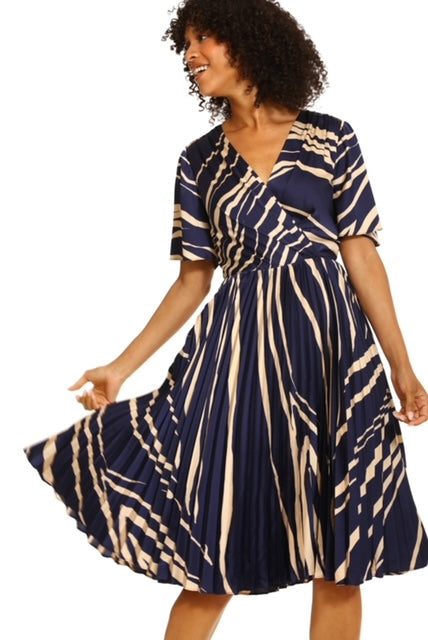 V-Neck Short Sleeve Midi Dress by Donna Morgan in Royal Navy Blue