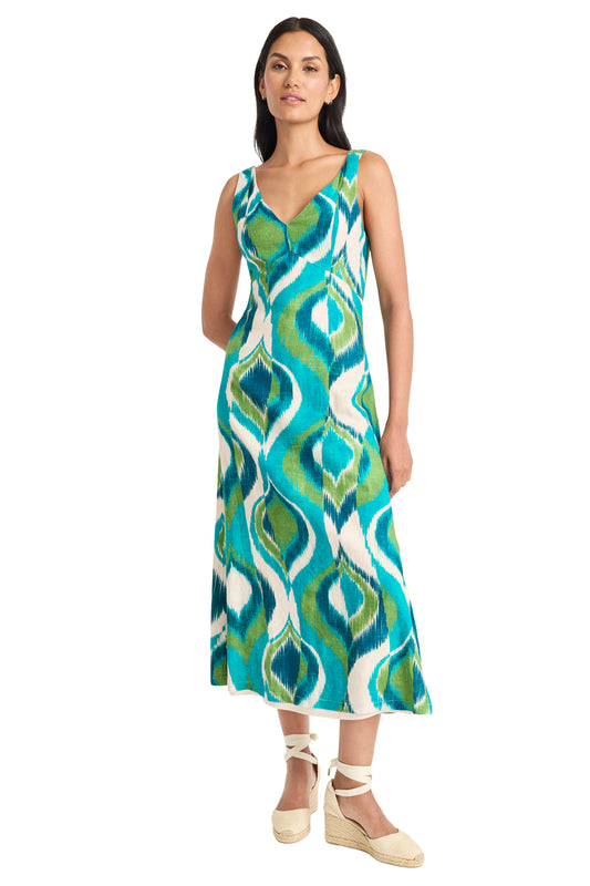 Printed Midi Dress with Double Straps by Maggy London in Ivory Aqua