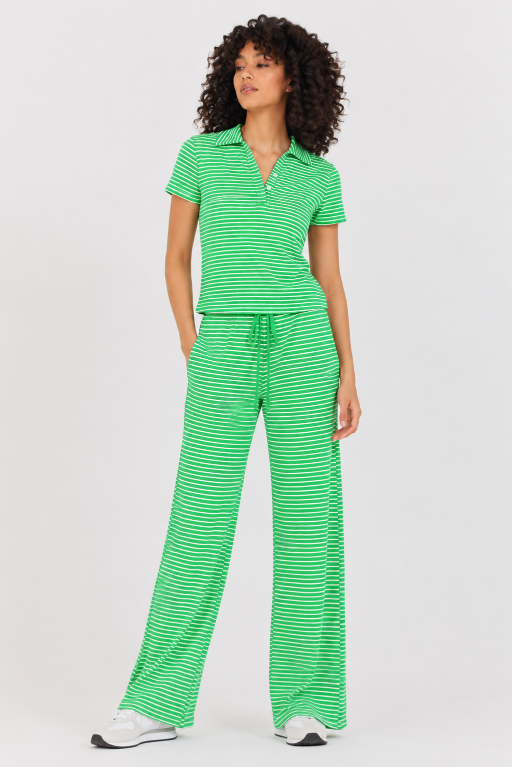 Striped Polo Top by Astrologie in Kelly Green/White