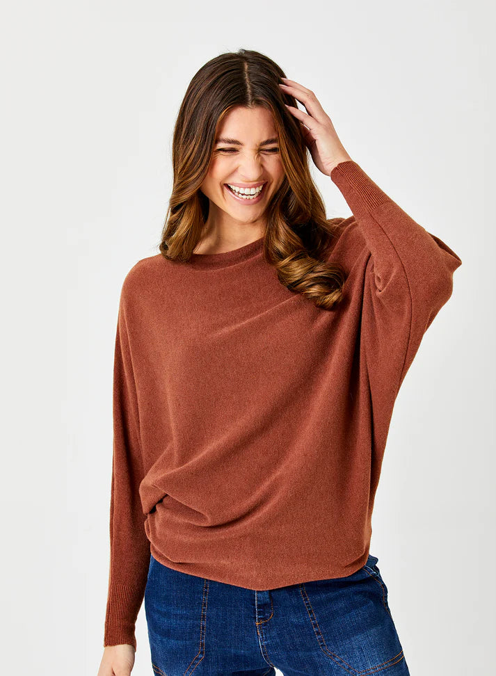 Lincoln Slash Neck Batwing Knit Sweater by Suzy D London in Pumpkin