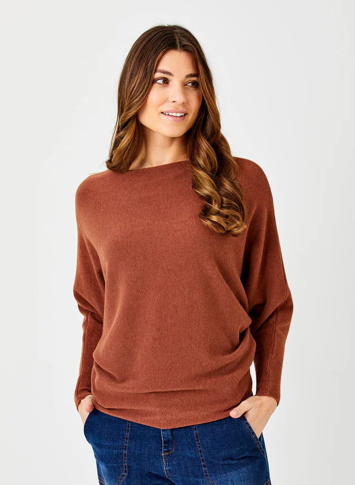 Lincoln Slash Neck Batwing Knit Sweater by Suzy D London in Pumpkin