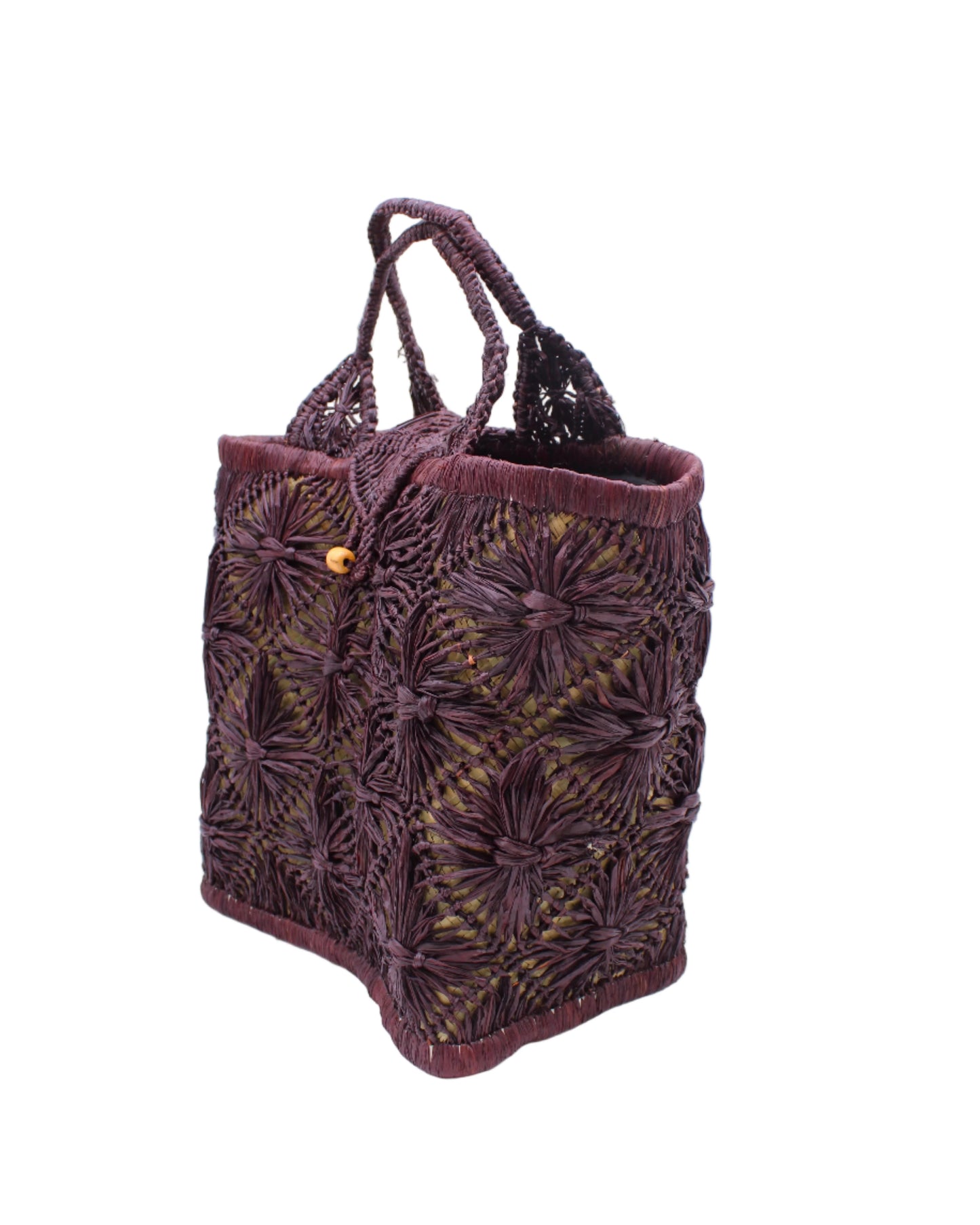 Large Lusha Macrame Diamond and Crochet Straw Basket Bag by Shebobo in Umberwine