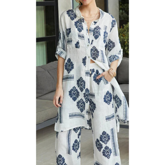 Linen Damask Print Tunic by Milio Milano in Navy