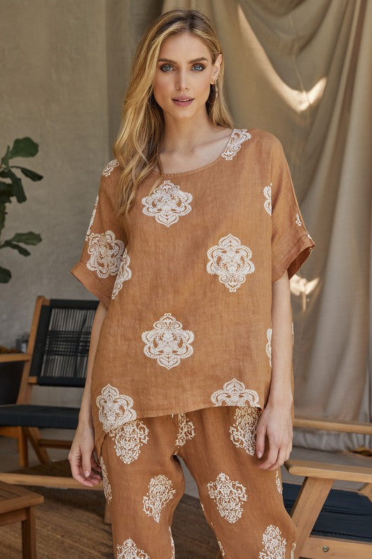 Linen Short Sleeve Mandala Print Shirt by Milio Milano in Camel