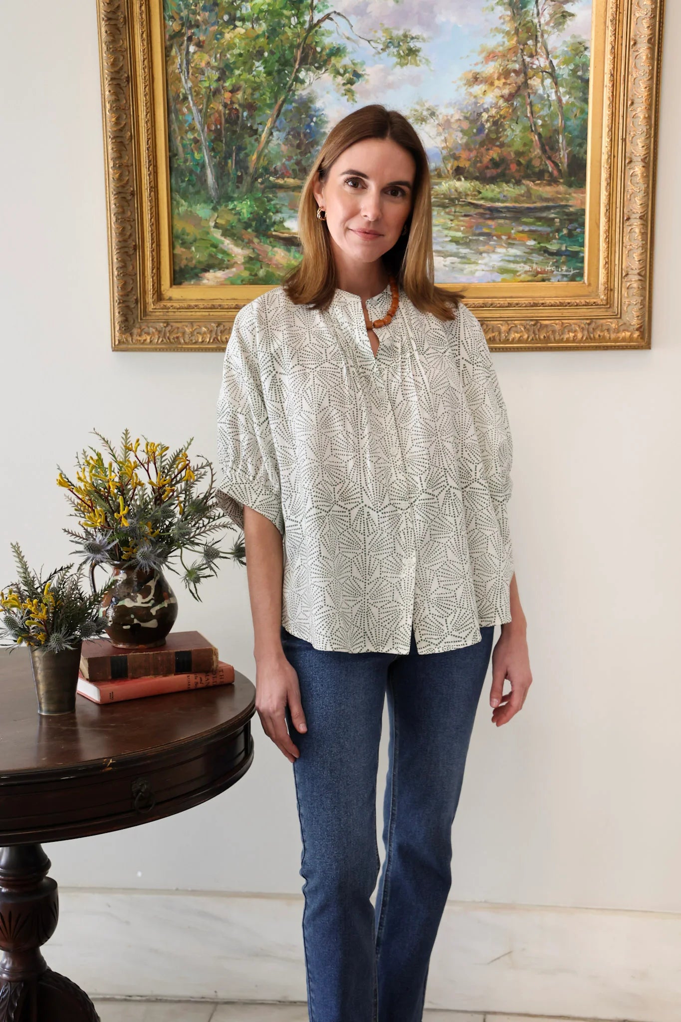 Poppy Blouse by Ex Voto in White & Hunter Green