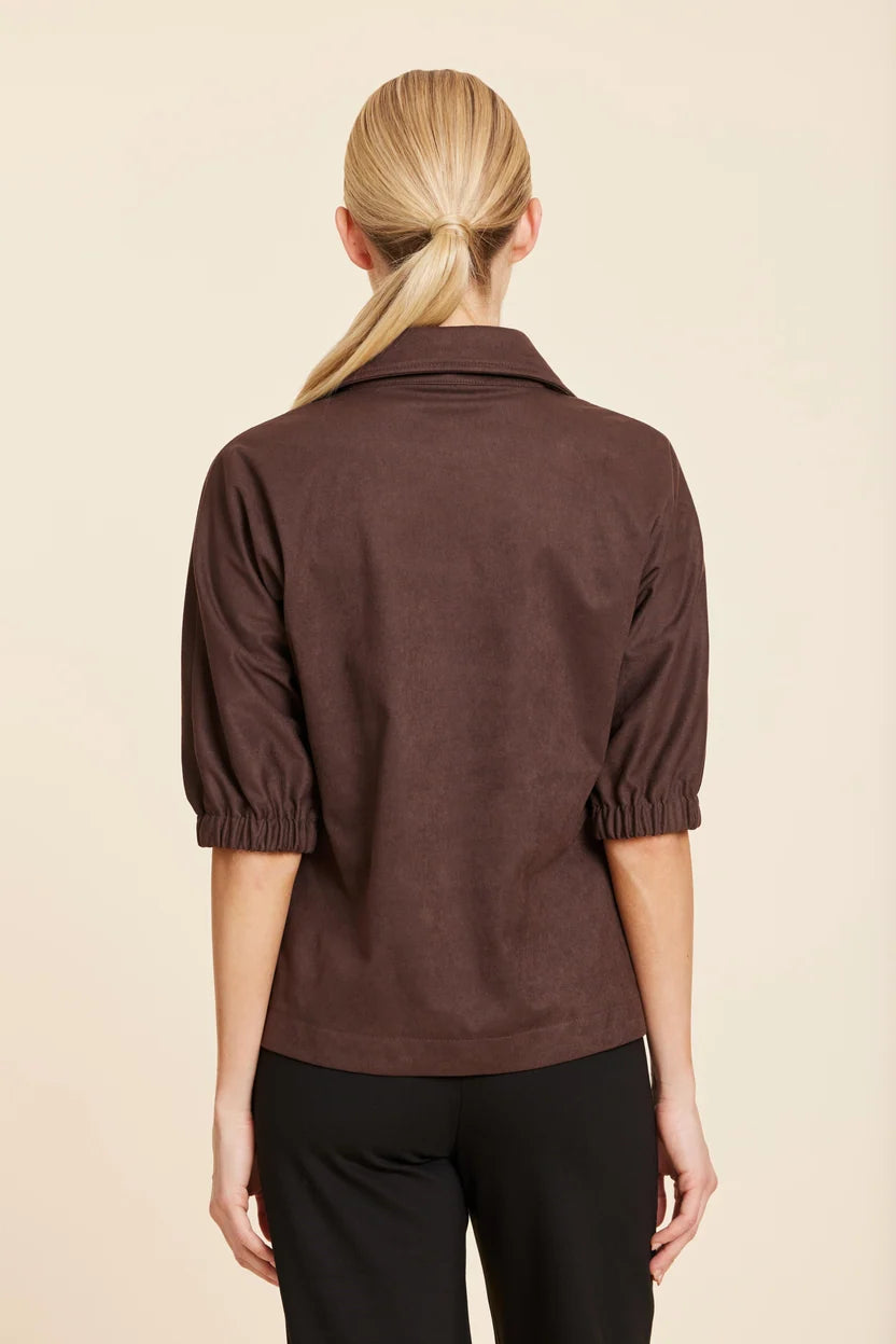 Faux Suede Johnny Collar Top by Dolce Cabo in Brown