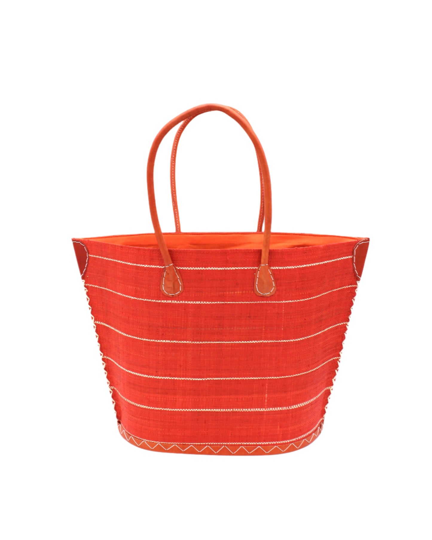 Small Santa Cruz Pinstripes Straw Tote Bag by Shebobo in Coral
