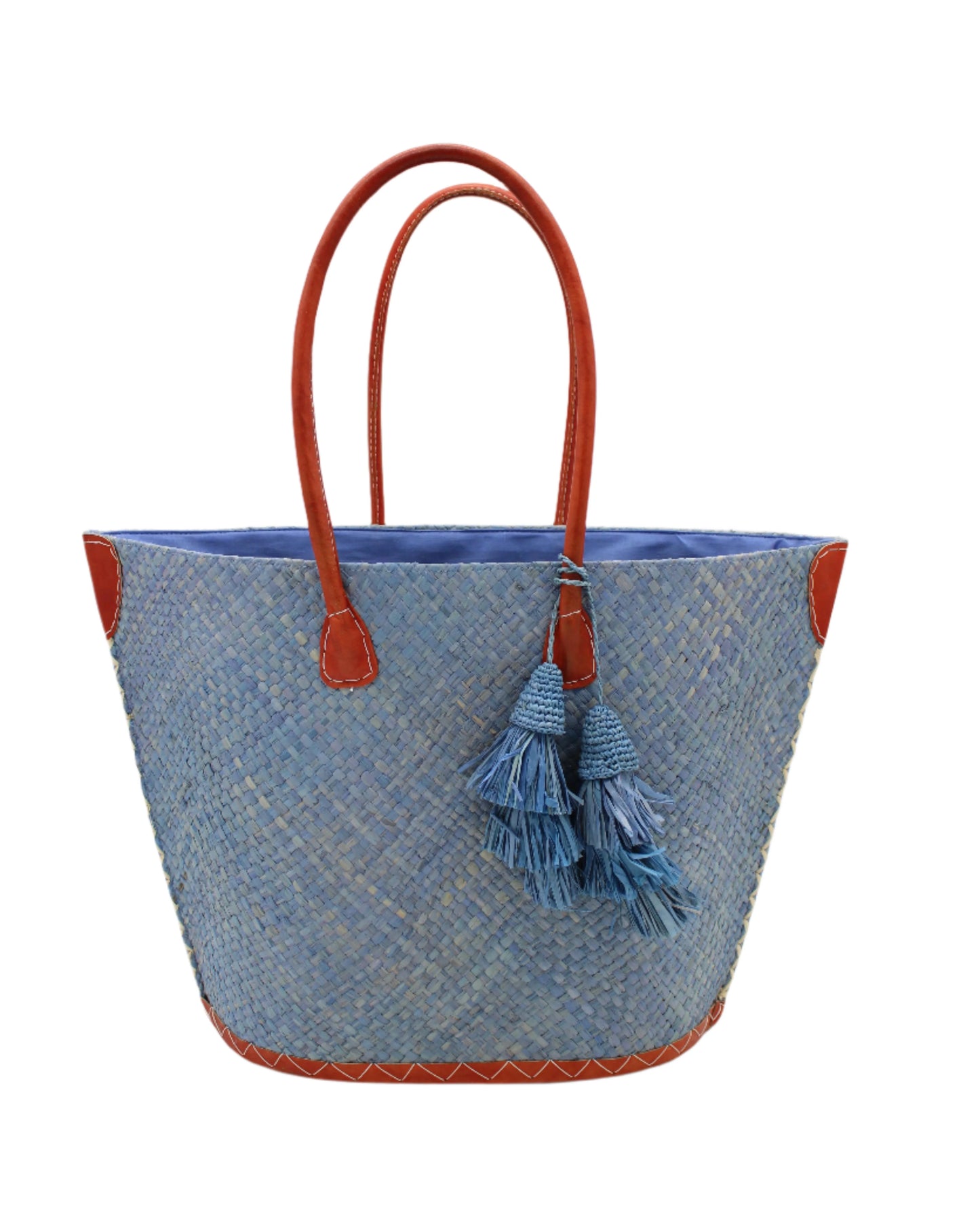 Santa Ynez Small Woven Straw Tote Bag with Tassel Charm by Shebobo in Denim