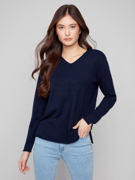 Basic V-Neck Top by Charlie B in Marine/Navy