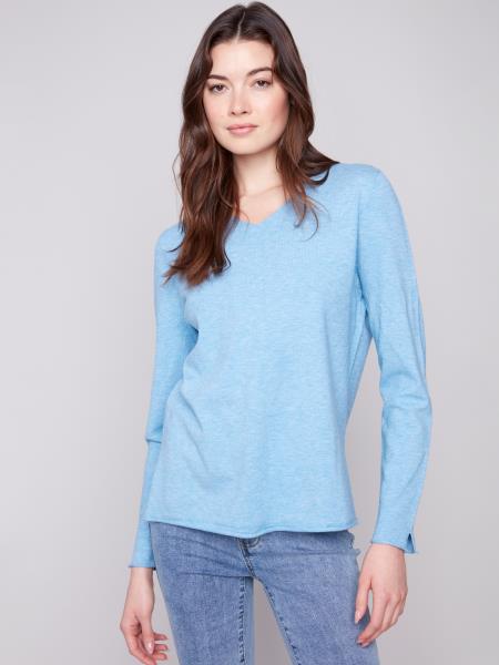 Basic V-Neck Top by Charlie B in Oxford Chine