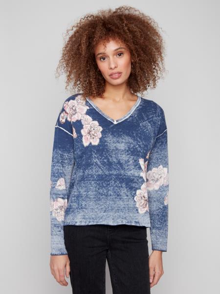 Reversible Floral V-Neck Top by Charlie B in Denim