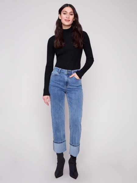 Wide Cuff Straight Leg Stretch Denim Pants by Charlie B in Medium Blue