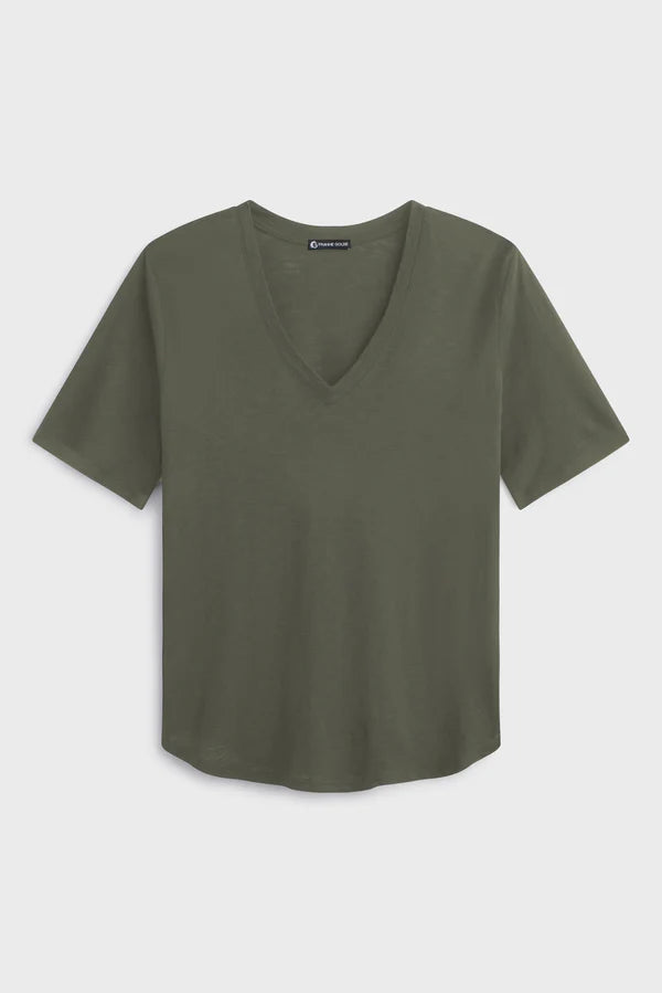 Slub Jersey V-Neck Elbow Sleeve Tee by Franne Golde in Olive