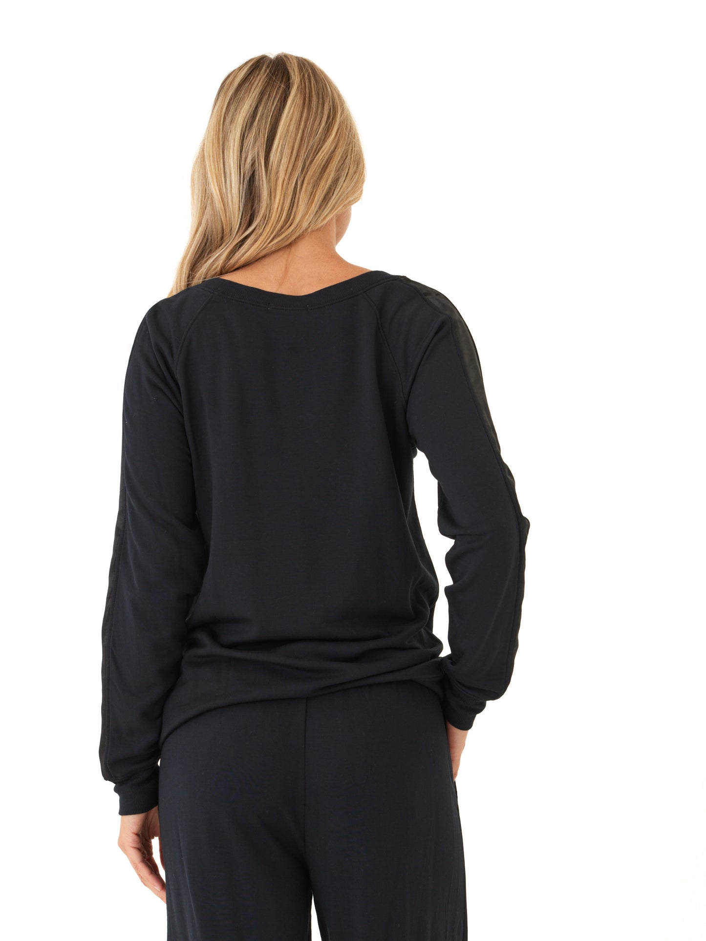 Priscilla Feather Fleece Satin Trim Pullover by Threads 4 Thought in Black