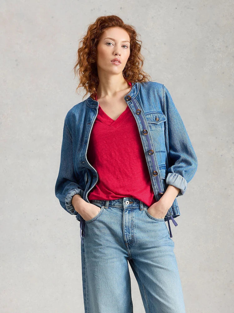 Susie V Neck Linen Tee by White Stuff in Dark Pink