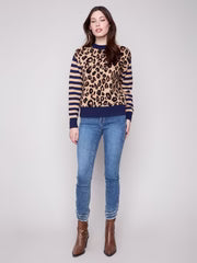 Crew Neck Sweater w/Striped Sleeves by Charlie B in Leopard