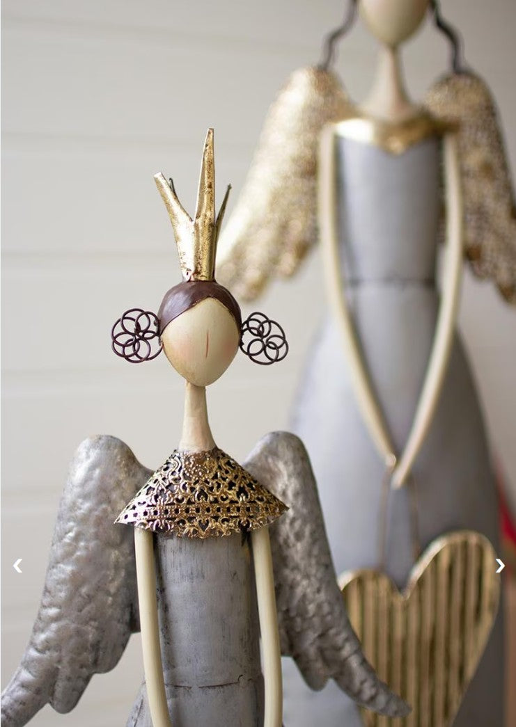 Set of Two Gold & Grey Christmas Angels Holding Heart & Star by Kalalou
