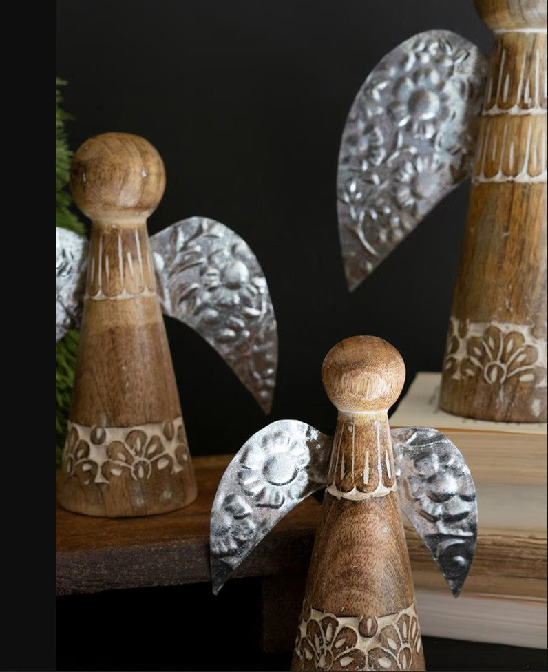 Set of Three Wood and Tin Table Top Christmas Angels by Kalalou