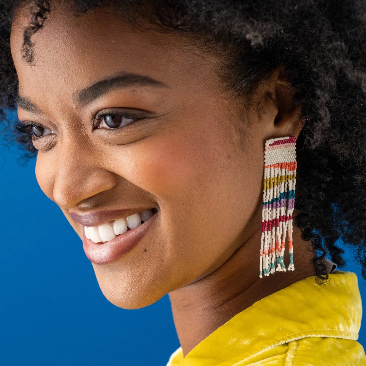 Belle Angled Stripes Beaded Fringe Earrings by Ink+Alloy in Rainbow
