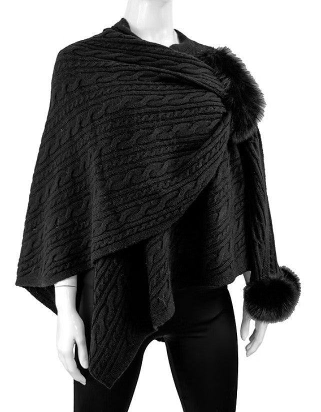 Cable Knit Wrap w/Fox Trim & Fox Poms by Mitchie's Matchings in Black
