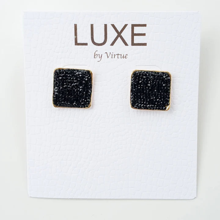 The Ella LUXE Marcasite Pave Stone Square Earring by Virtue Jewelry Design in Black