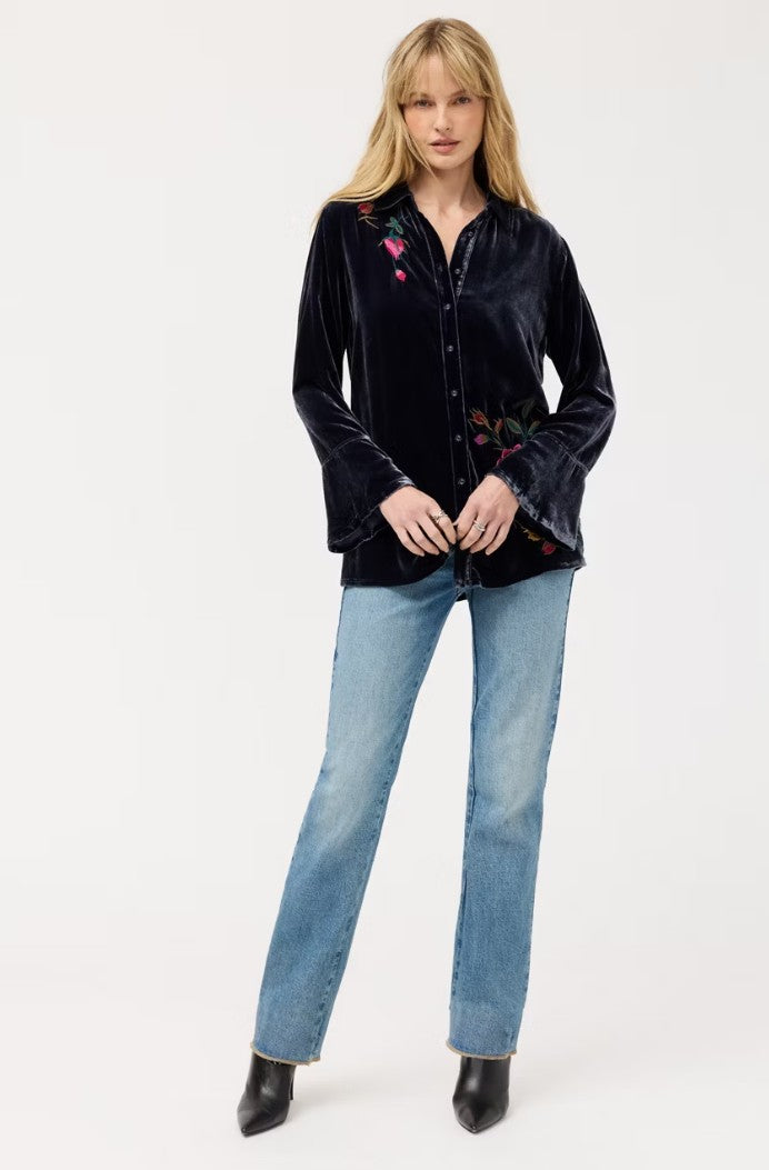 Flounce Sleeve Velvet Shirt, Rosilia by Johnny Was in Sapphire Blue