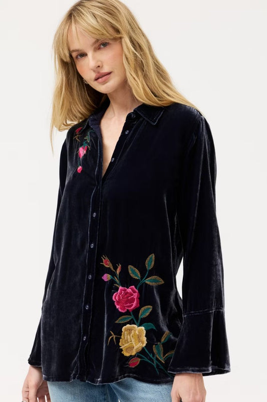 Flounce Sleeve Velvet Shirt, Rosilia by Johnny Was in Sapphire Blue