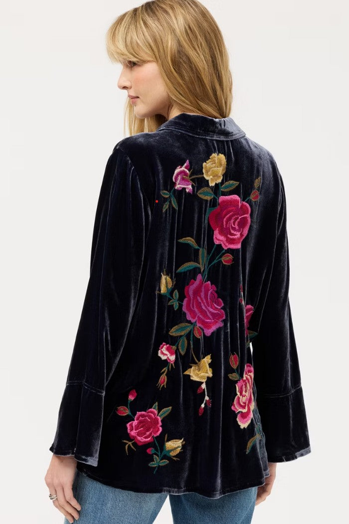 Flounce Sleeve Velvet Shirt, Rosilia by Johnny Was in Sapphire Blue