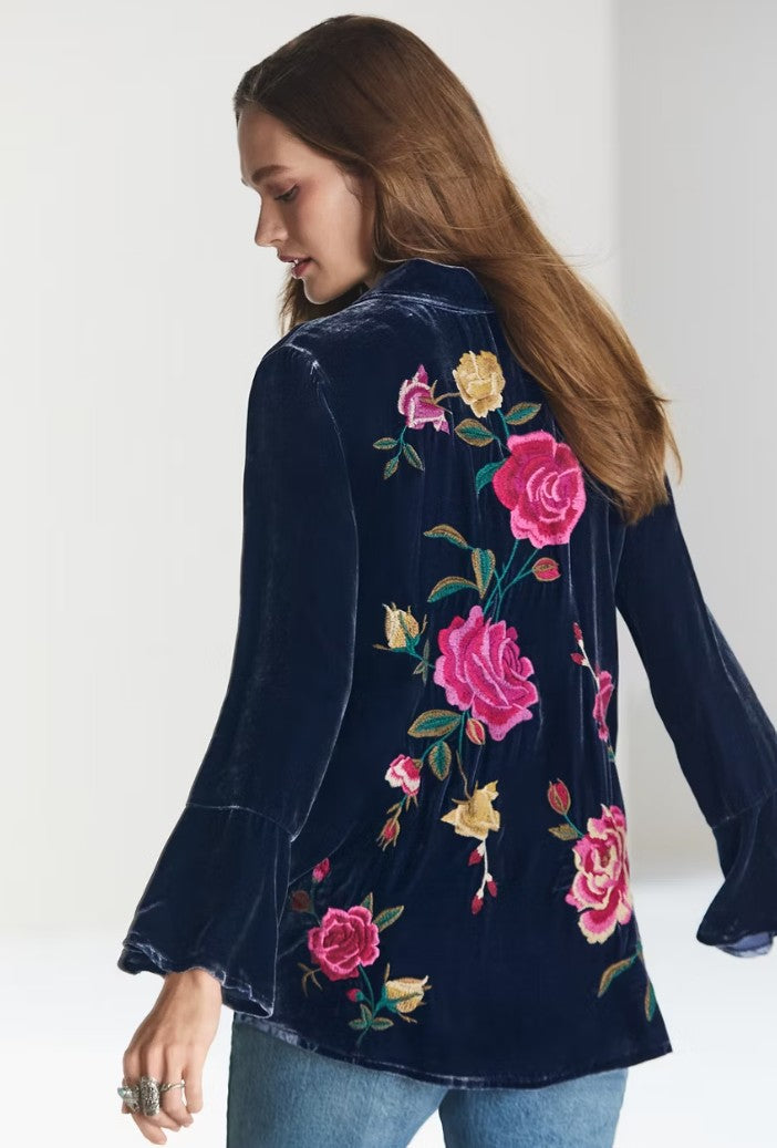 Flounce Sleeve Velvet Shirt, Rosilia by Johnny Was in Sapphire Blue