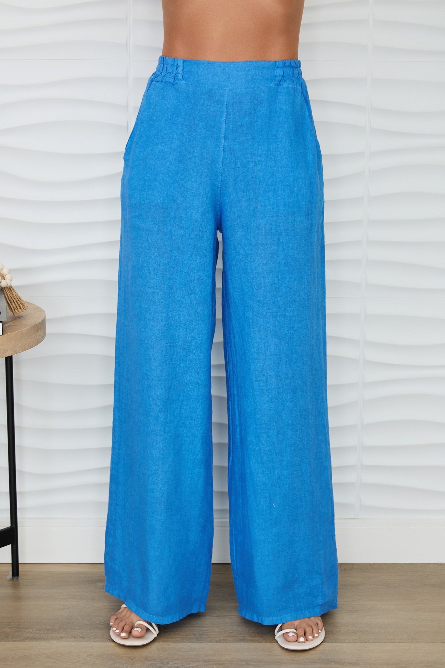 Linen Flat Front Elastic Waist Wide Leg Pant by Milio Milano in Blue Regatta