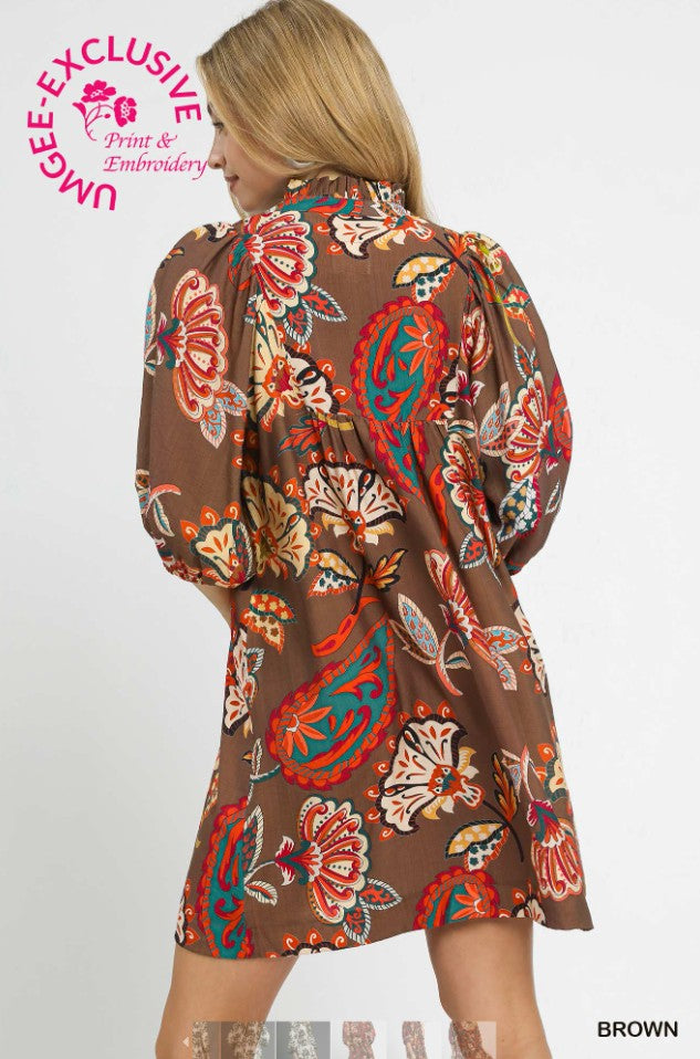 Abstract Print Ruffled Neck Mini Dress by Umgee in Brown