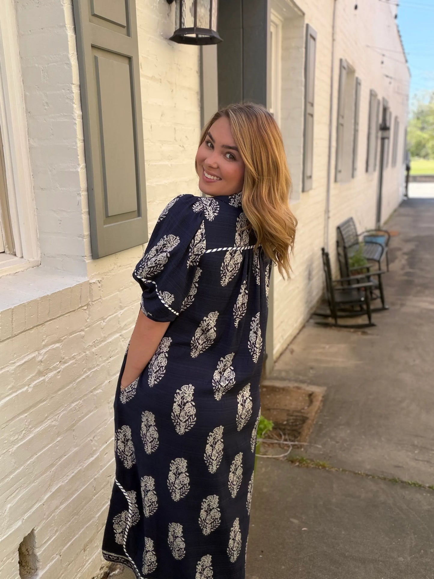 Botanic Crest Collared Midi Dress by Umgee in Navy