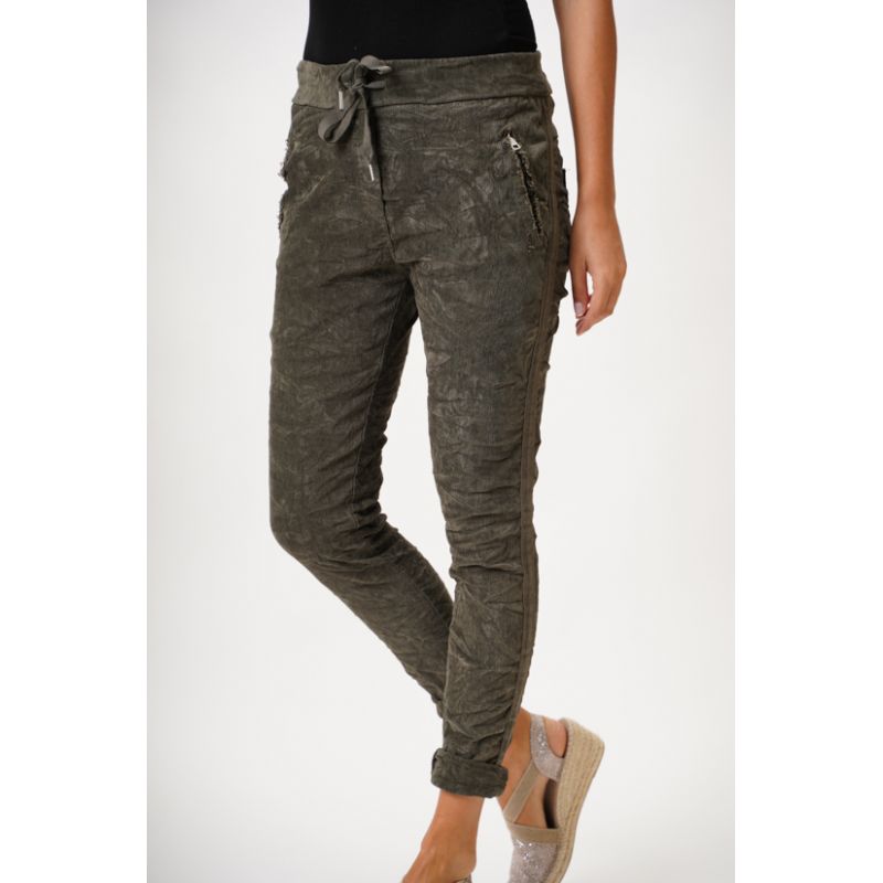 Corduroy Ribbon Side Jeggings by Look Mode in Olive