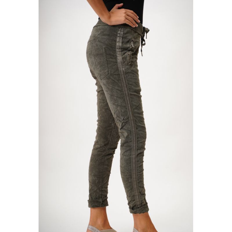 Corduroy Ribbon Side Jeggings by Look Mode in Olive