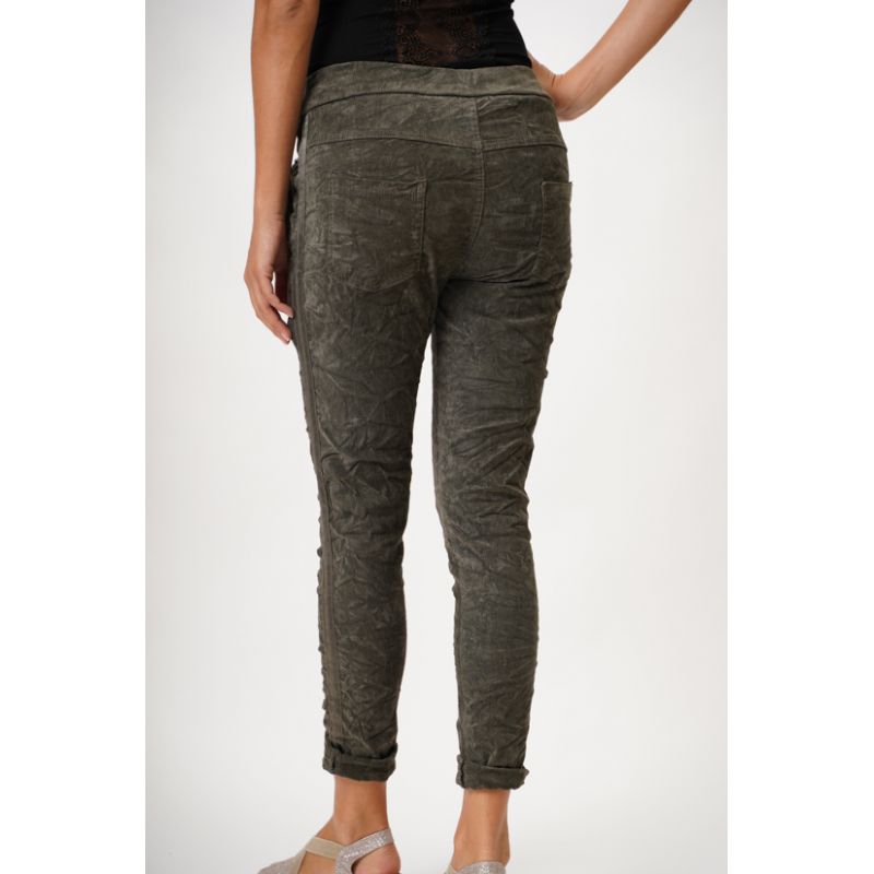 Corduroy Ribbon Side Jeggings by Look Mode in Olive