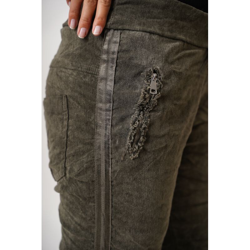 Corduroy Ribbon Side Jeggings by Look Mode in Olive