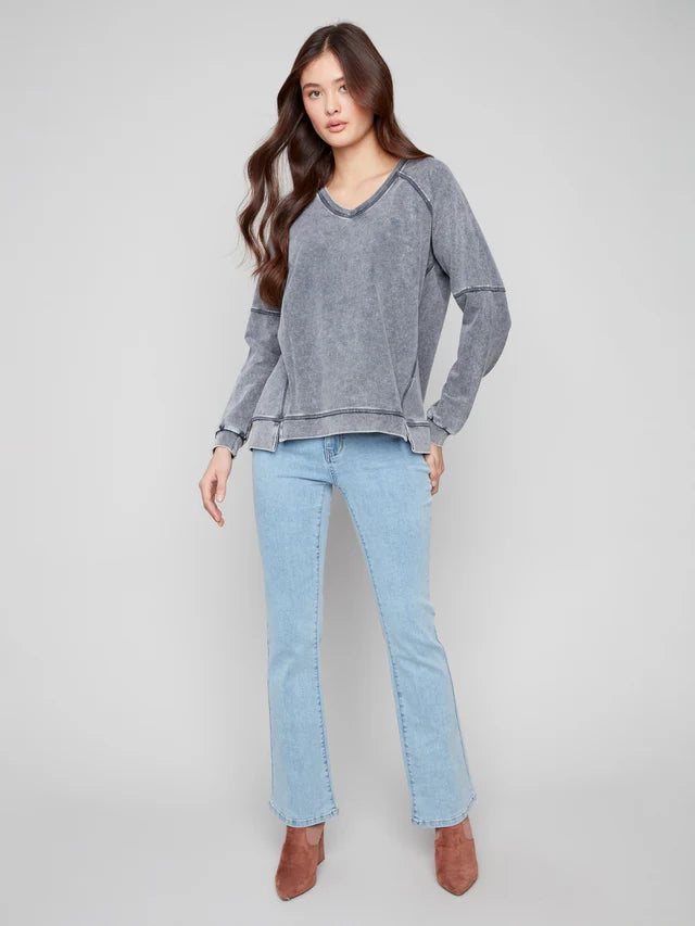 Cold Dye French Terry V-Neck Top by Charlie B in Charcoal