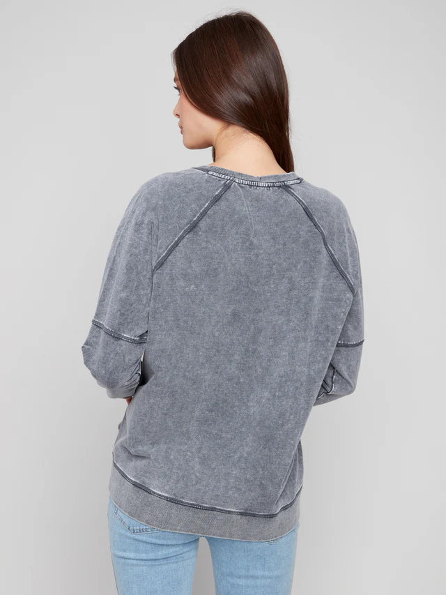 Cold Dye French Terry V-Neck Top by Charlie B in Charcoal