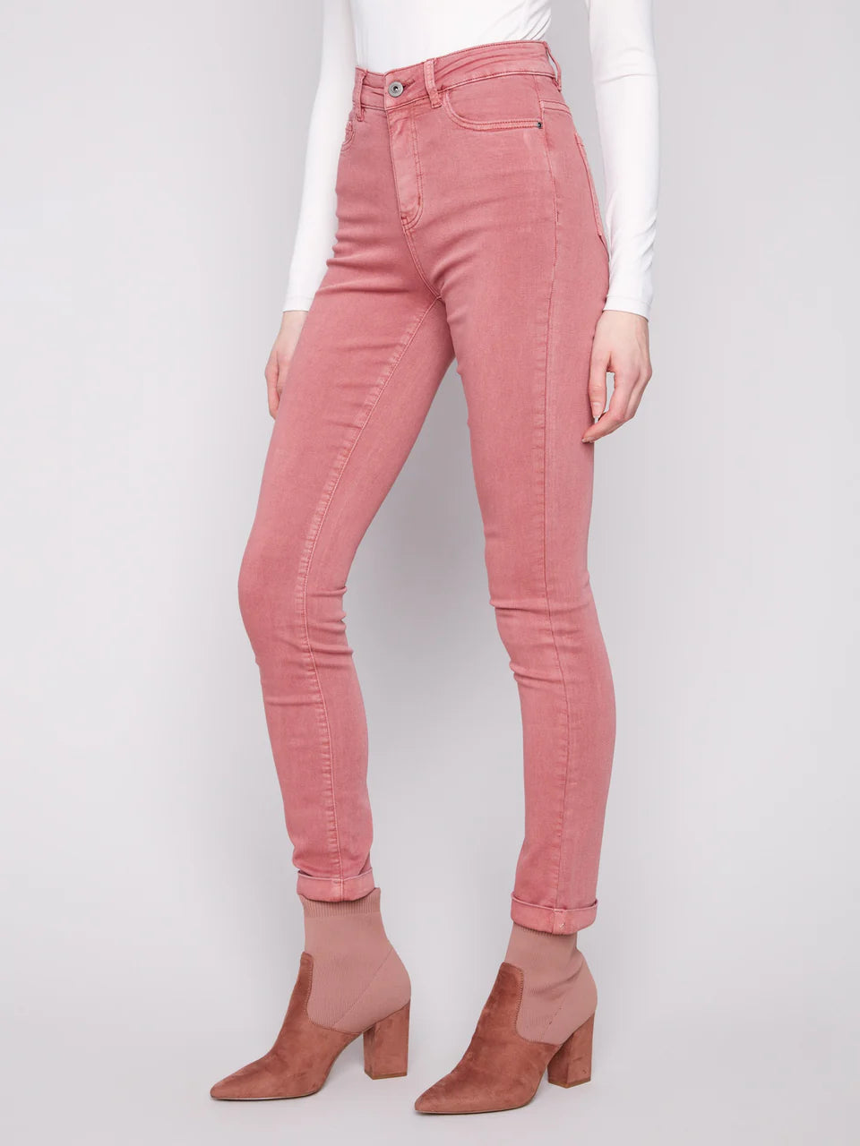 Cuffed Hem Slim 5 Pocket Colored Twill Pants by Charlie B in Primrose
