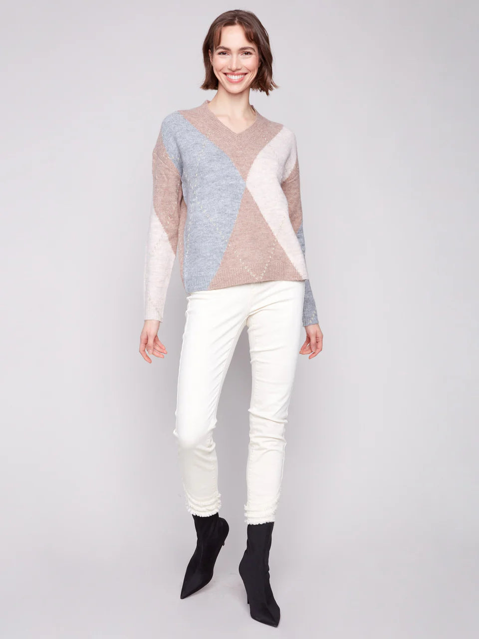 V-Neck Argyle Jacquard Sweater by Charlie B in Sesame