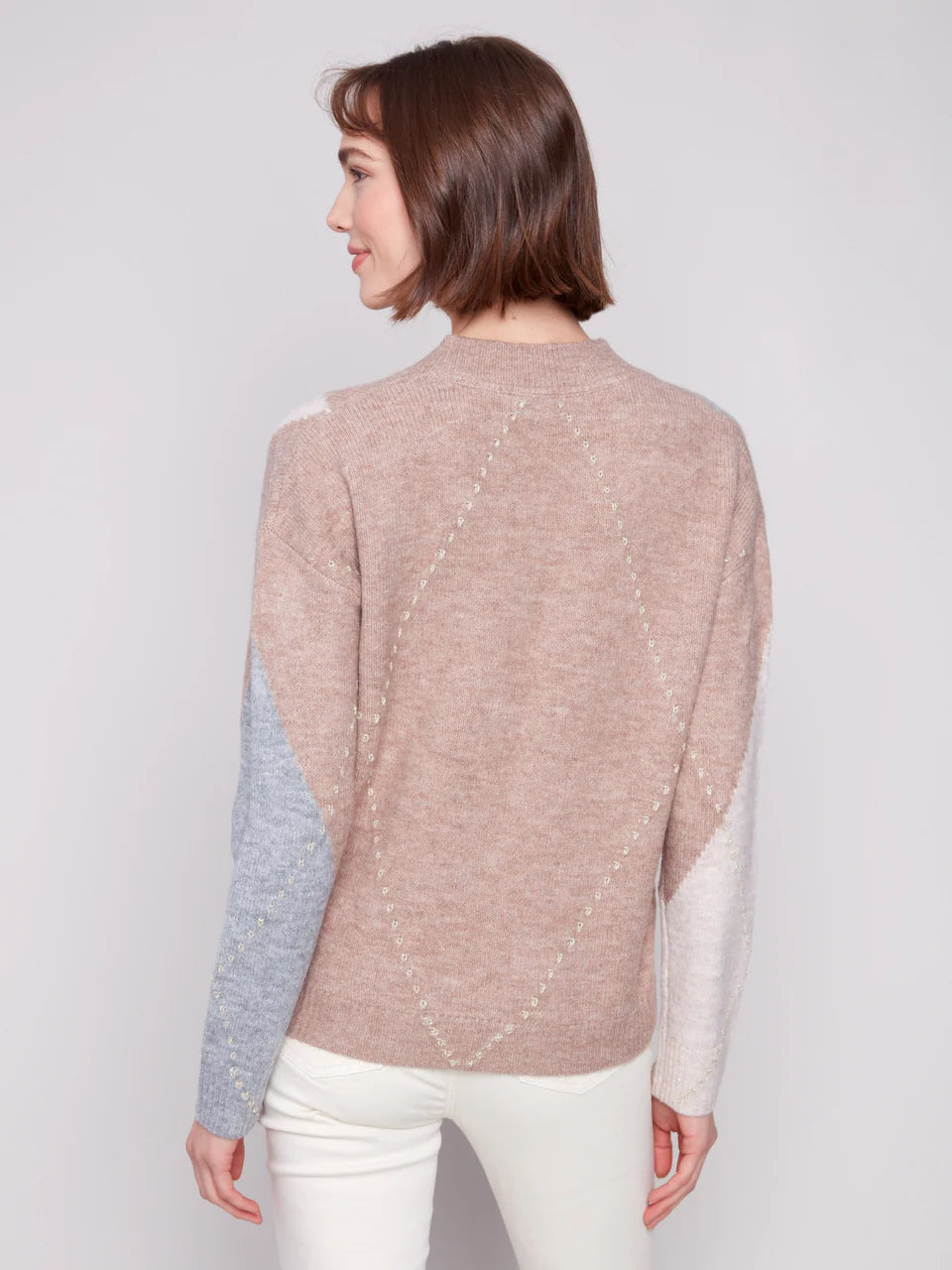 V-Neck Argyle Jacquard Sweater by Charlie B in Sesame